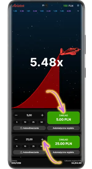 Aviator z mnożnikiem 5.48x i dwoma panelami zakładów