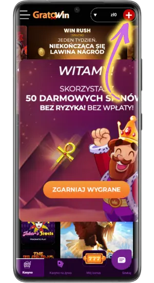 Lobby GratoWin z banerem 50 darmowych spinów po rejestracji