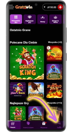 Lobby z polkami gier i ikoną wyszukiwarki w dolnym menu