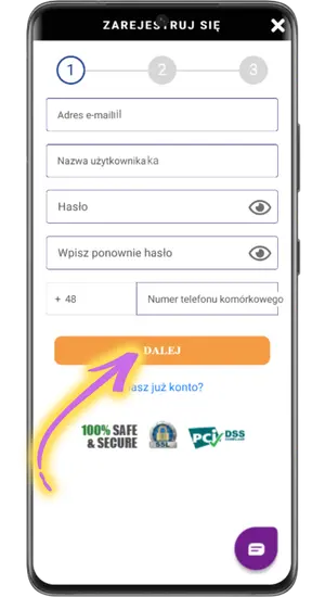 Pierwszy ekran formularza rejestracji z polami logowania