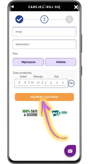 Drugi ekran rejestracji z imieniem i datą urodzenia 18+