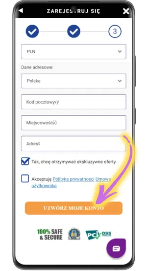 Trzeci ekran rejestracji z walutą PLN i danymi adresowymi